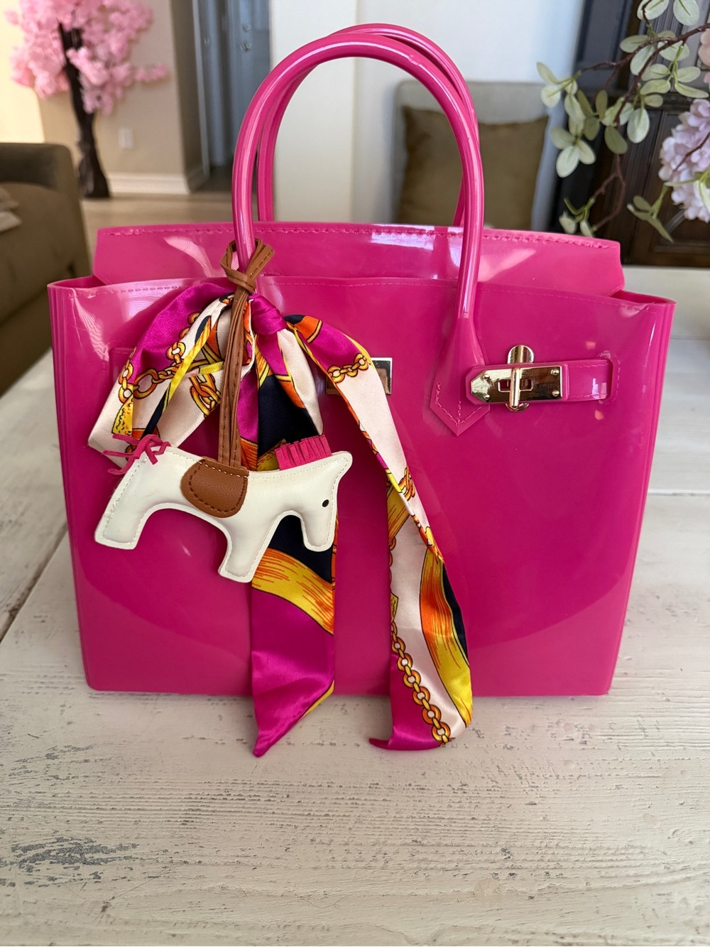 Hot Pink Patent Tote with Scarf Charm